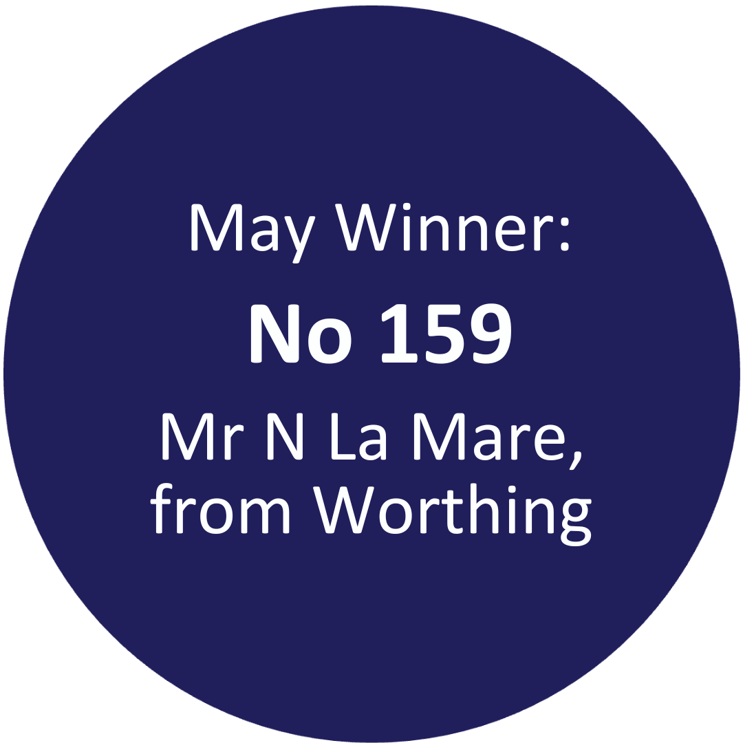 In a blue circle white text reads “October winner: No 166, Mrs Se from Littlehampton."
